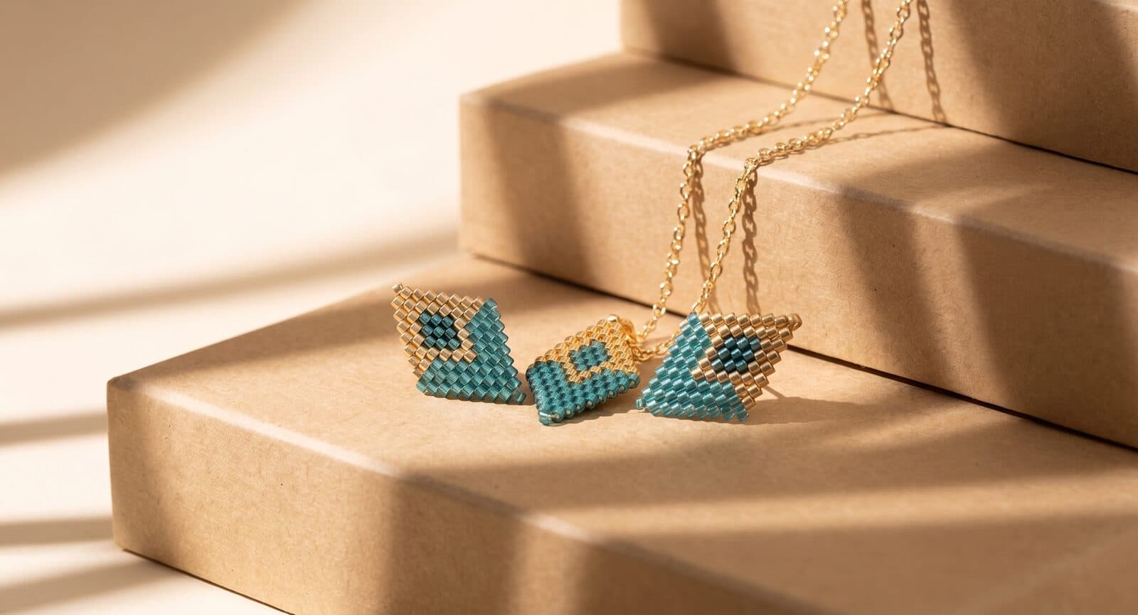 Set Rombo Turquesa y Dorado en cristal miyuki - Amara Accesorios